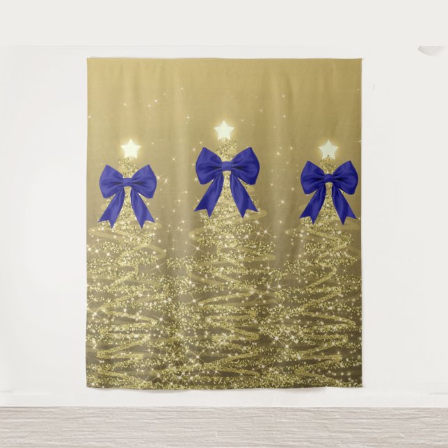 Tapiz Christmas Sparkling Trees Gold Faux Navy Bow  (Anverso)