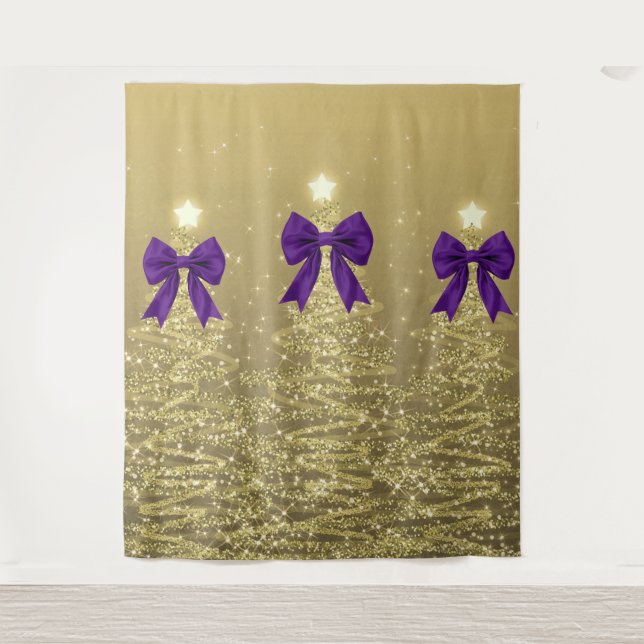 Tapiz Christmas Sparkling Trees Gold Faux Purple Bow  (Anverso)