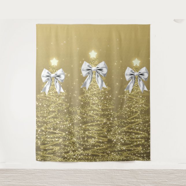 Tapiz Christmas Sparkling Trees Gold Faux Silver Bow  (Anverso)