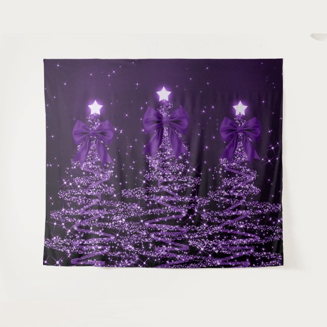 Tapiz Christmas Sparkling Trees Purple Faux Bow  (Anverso (horizontal))