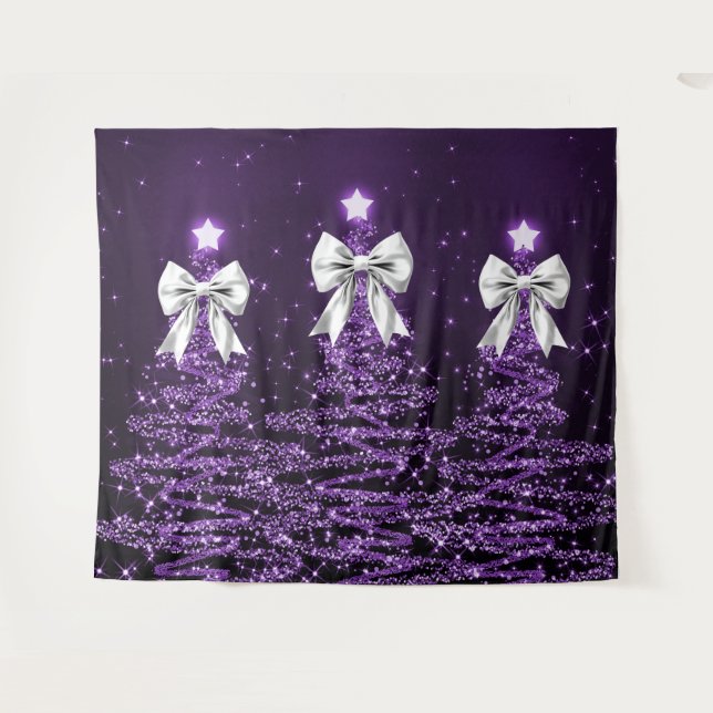 Tapiz Christmas Sparkling Trees Purple Faux Silver Bow  (Anverso (horizontal))