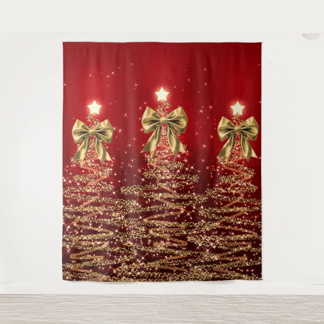 Tapiz Christmas Sparkling Trees Red Gold Faux Bow  (Anverso)