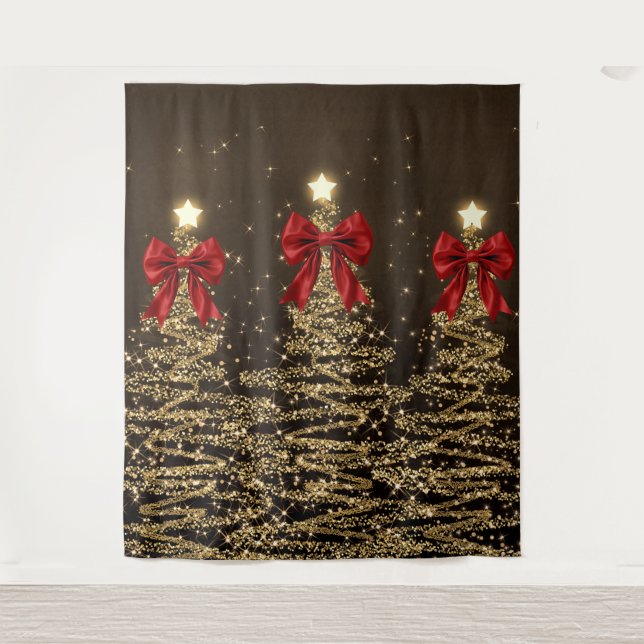 Tapiz Christmas Sparkling Trees Red Gold Faux Bow  (Anverso)