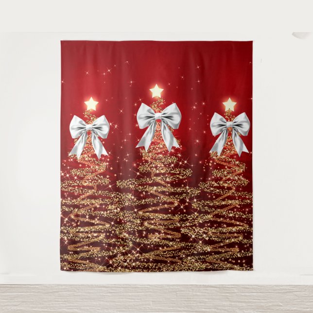 Tapiz Christmas Sparkling Trees Red Gold Silver Bow  (Anverso)
