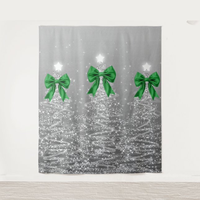 Tapiz Christmas Sparkling Trees Silver Faux Green Bow  (Anverso)