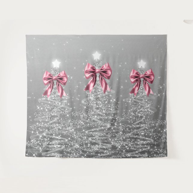 Tapiz Christmas Sparkling Trees Silver Faux Pink Bow  (Anverso (horizontal))