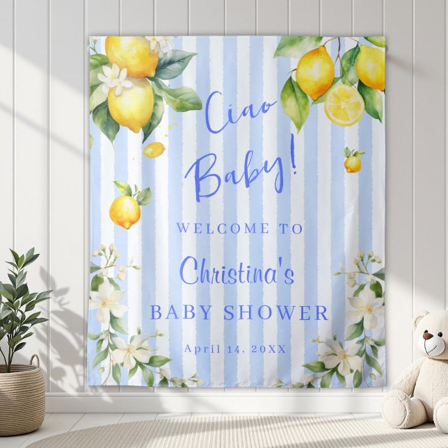 Tapiz Ciao Baby Blue Citrus Lemons Baby Shower Backdrop (Ciao Baby Blue Stripe Lemons Baby Shower Backdrop)