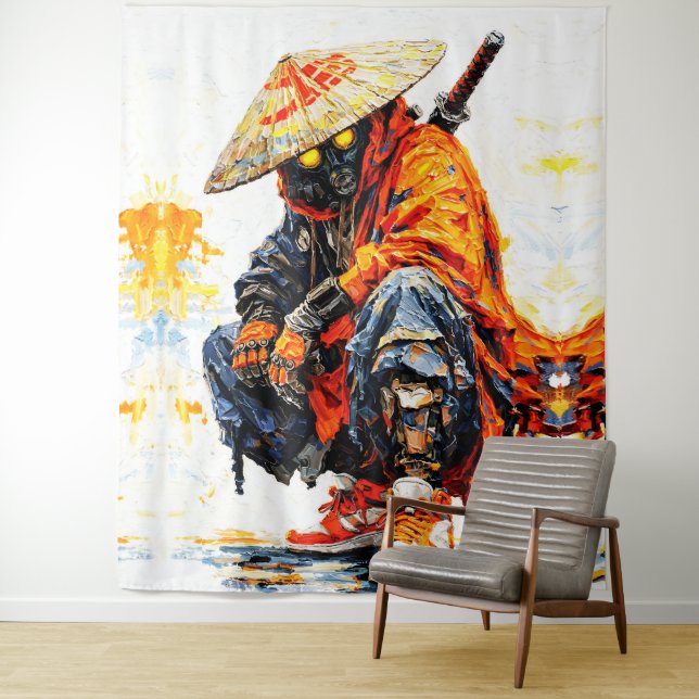 Tapiz Ciber Samurái Paleta Cuchillo Neon Naranja Impasto (In situ)