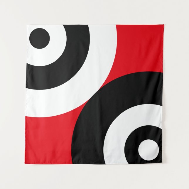 Tapiz Círculos abstractos de blanco y negro sobre rojo (Anverso)