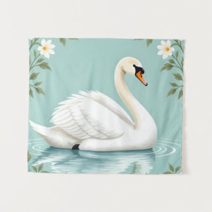 Tapiz Cisne blanco elegante floral azul