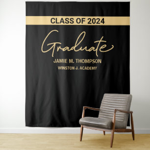 Tapiz Clase de 2024 Black Gold Nombre Fondo de graduació