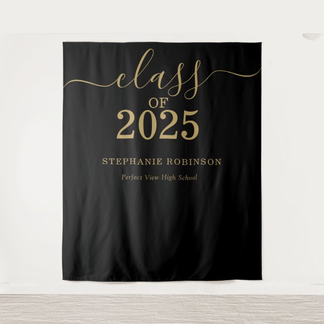 Tapiz Clase de 2025 Gold Script Graduation Backdrop Prop (Anverso)
