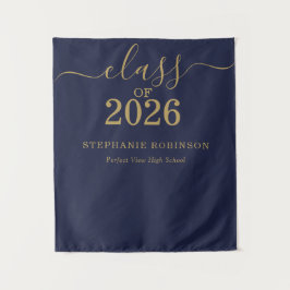 Tapiz Clase de 2026 Graduación en letra azul dorada