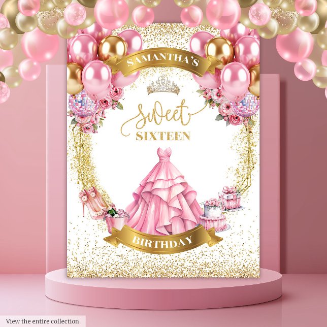 Tapiz Clásico Dulce Dieciséis Banner Vestido Rosa Dorado (Classy Sweet Sixteen Banner Pink Dress Gold Sparkle)