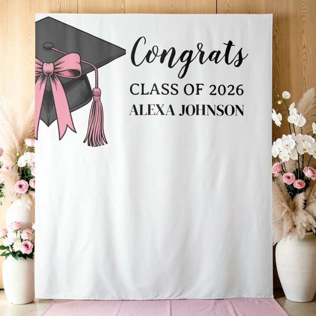 Tapiz Class Of 2026 Pink Bow Graduation Cap Backdrop (Subido por el creador)