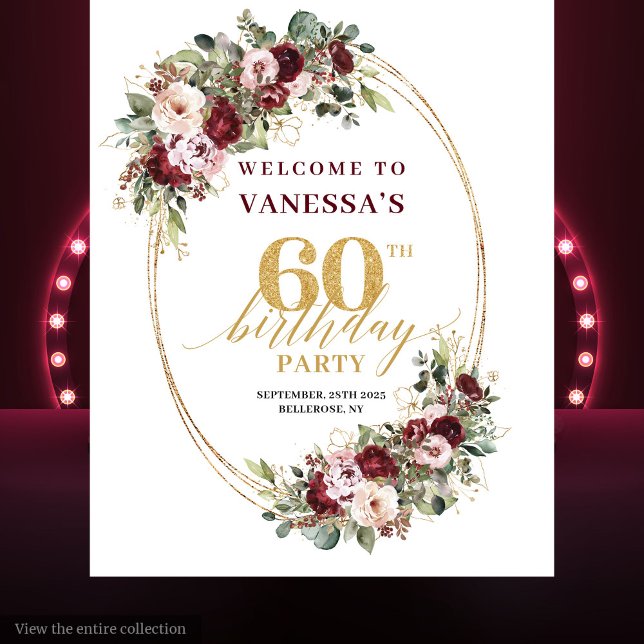 Tapiz Classic Burgundy Gold Floral 60th Birthday Banner (Classic Burgundy Gold Floral 60th Birthday Banner)