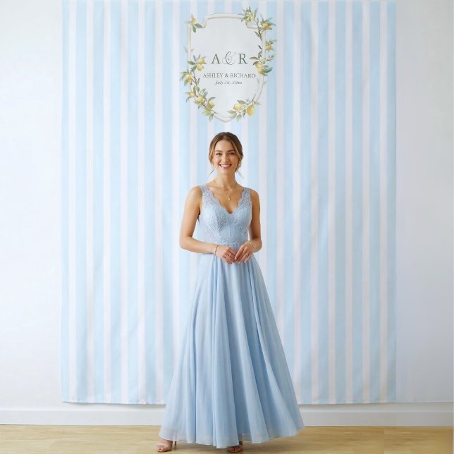 Tapiz Coastal Lemon Wedding Backdrop Photo Booth (elegant mediterranean lemon monogram crest coastal pale blue stripe wedding backdrop photo booth)