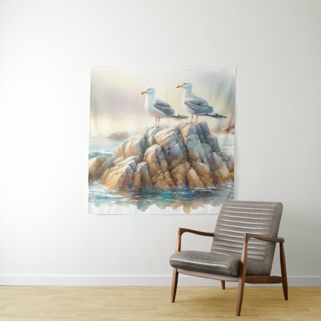 Tapiz Coastal Seagulls Watercolor Seascape (In situ)