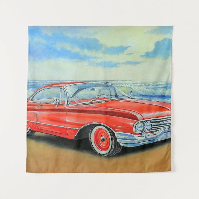 Tapiz Coche rojo retro, pintura costera. (Anverso)