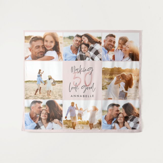 Tapiz colaje de fotos de cumpleaños 50 rosa brillo femen (Anverso (horizontal))