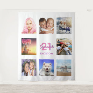 Tapiz Colaje de fotos de cumpleaños blanco rosa