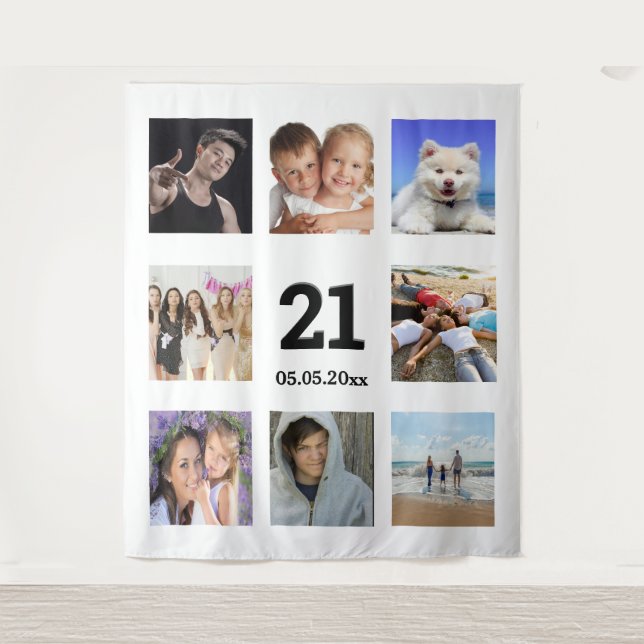 Tapiz Colaje de fotos de cumpleaños número 21 chico blan (Anverso)