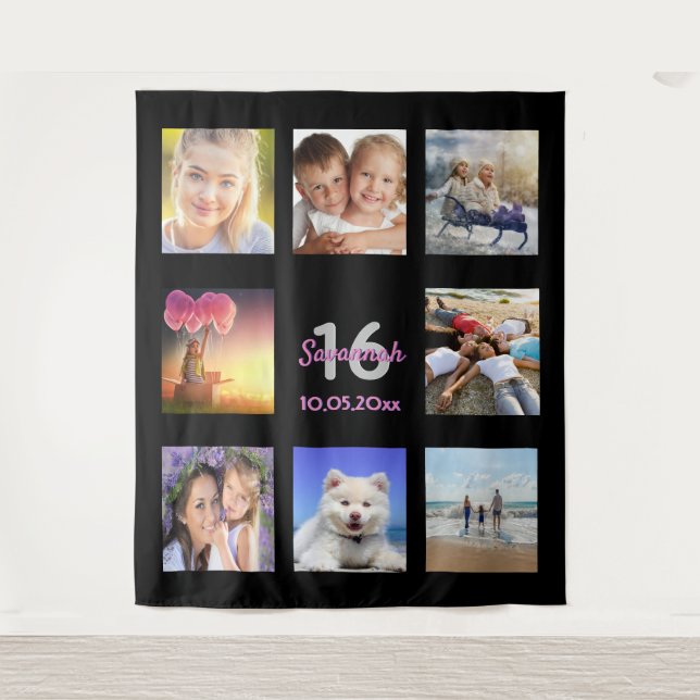 Tapiz Colaje de fotos negras por 16 cumpleaños (Anverso)