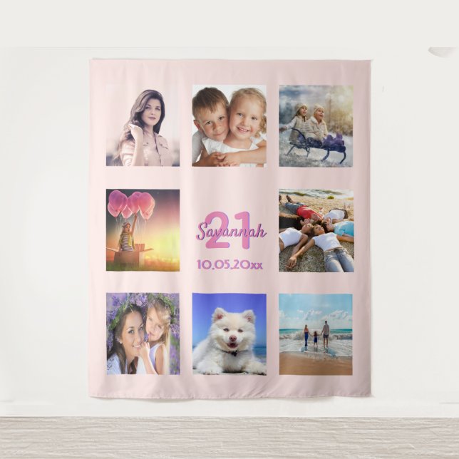 Tapiz Colaje de fotos rosa dorado cumpleaños 21 (Anverso)