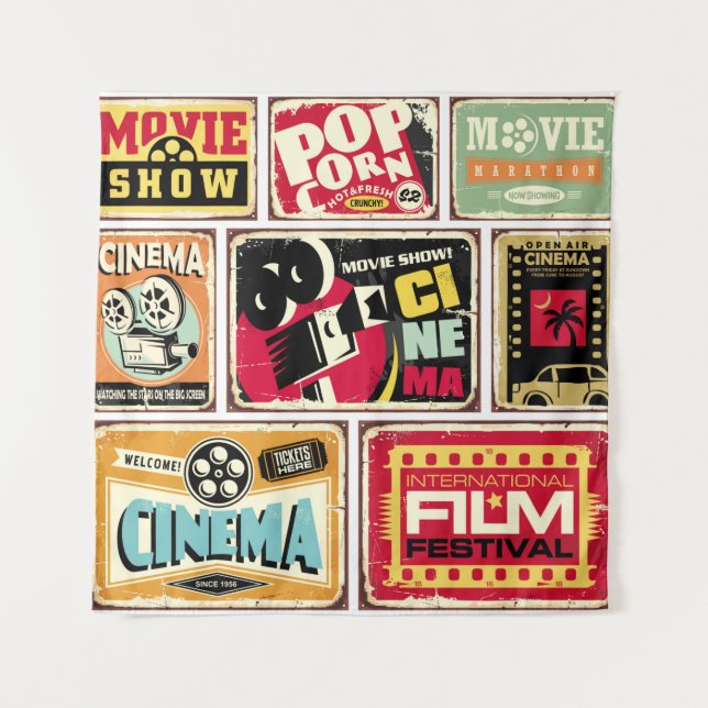 Tapiz Colección de carteles de estaño de cine de época.  (Anverso)