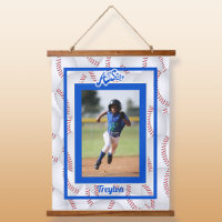 Tapiz colgante de fotos de béisbol azul y blanco