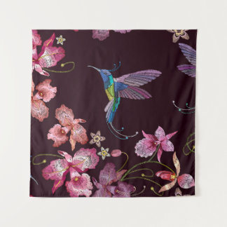 Tapiz Colibrí y orquídea, de forma tropical sin costuras