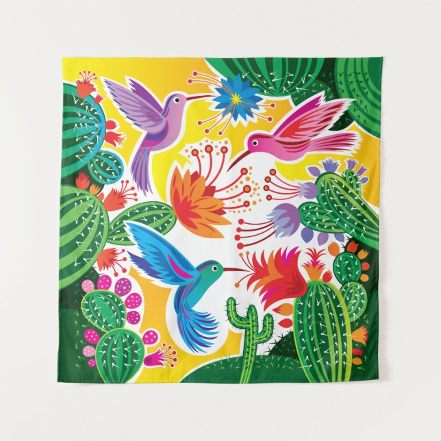 Tapiz Colibríes y Cactus en Flor (Anverso)
