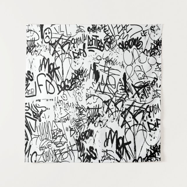 Tapiz Collage abstracto de graffiti negro y blanco (Anverso)
