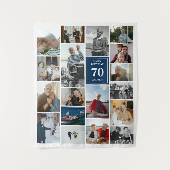 Tapiz Collage de fotos Azul Feliz cumpleaños nombre y ed (Anverso)