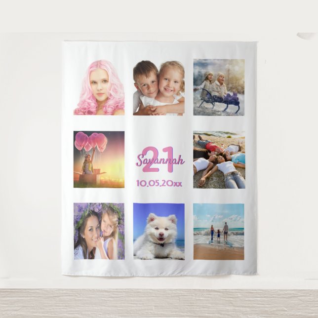 Tapiz Collage de fotos de fiesta de cumpleaños blanco y  (Anverso)