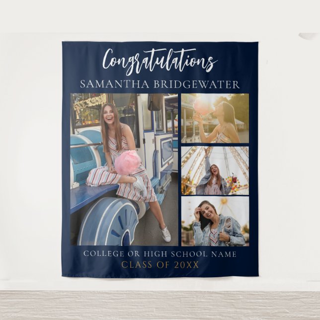 Tapiz Collage de fotos de graduación Marina Azul 2025 Fo (Anverso)