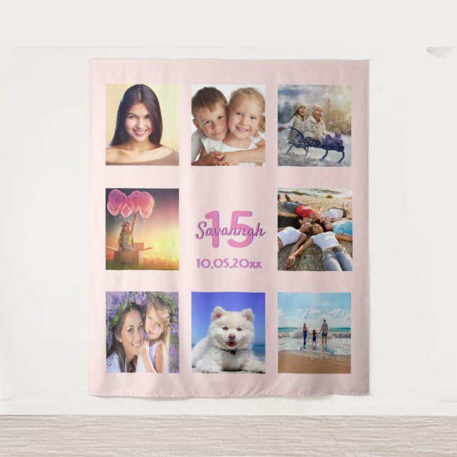 Tapiz collage de fotos de oro de rosa Quinceanera (Anverso)