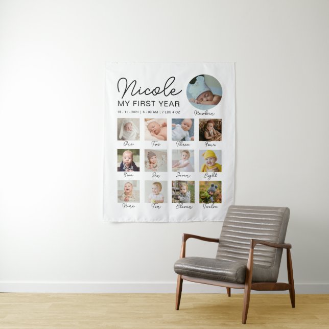 Tapiz Collage de fotos moderno de 12 meses del primer añ (In situ)
