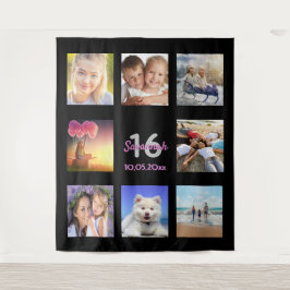 Tapiz Collage de fotos negro para cumpleaños 16