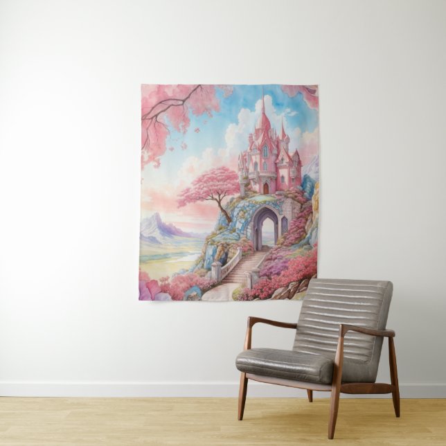 Tapiz Color azul rosa Fantasy Castle Wall Art (In situ)