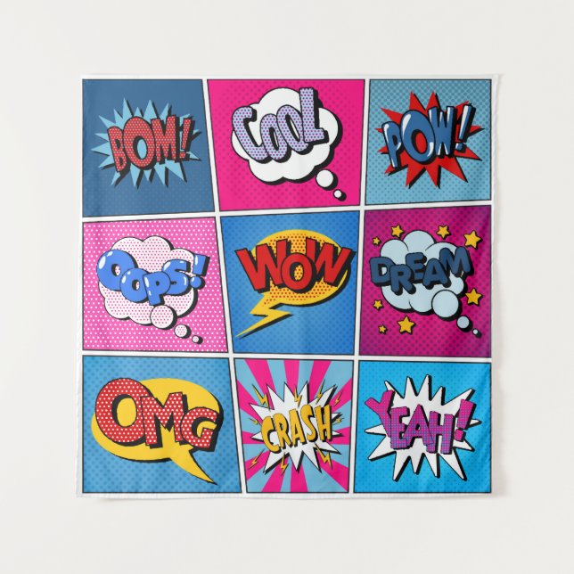 Tapiz Comic Bubbles Set. Expresiones Bom, Guay, Pow, Oop (Anverso)