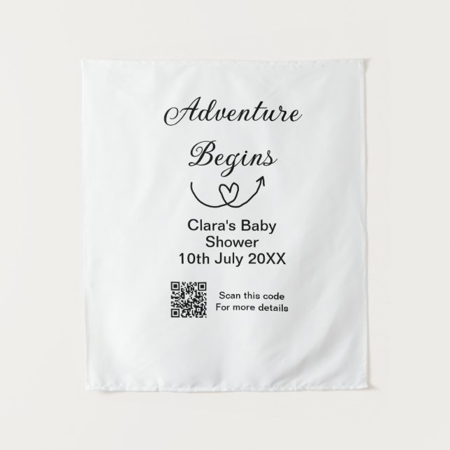 Tapiz Comienza la aventura baby shower escanea código QR (Anverso)