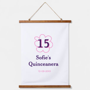 Tapiz Con Marco De Madera 15.ª quinceañera feliz cumpleaños púrpura rosa