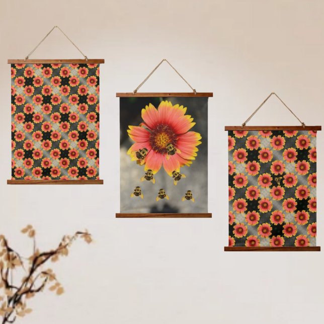 Tapiz Con Marco De Madera Abejas y Gaillardia Flores Boho Moda (Subido por el creador)