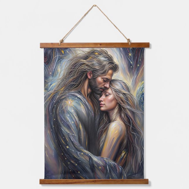 Tapiz Con Marco De Madera Abrazo celeste Noche estrellada romántica (Anverso)