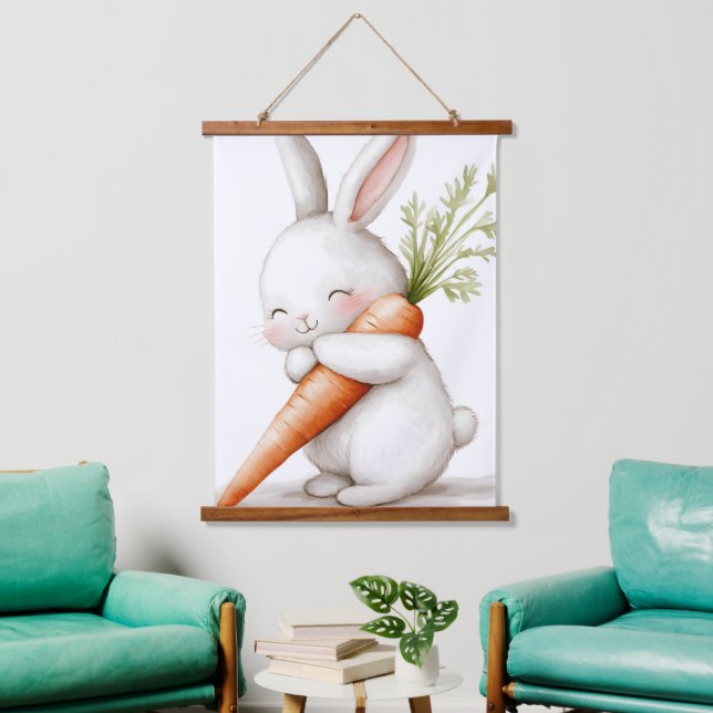 Tapiz Con Marco De Madera Acuarela Fluffy Bunny Carrot Love (Sala de estar)