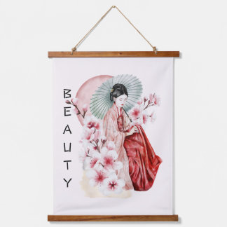 Tapiz Con Marco De Madera Acuarela japonesa de geisha con Kimono y Sakura