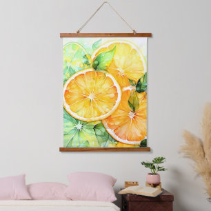 Tapiz Con Marco De Madera Acuarela Limón Naranja Lima Botánica Cocina