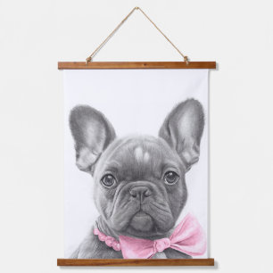 Tapiz Con Marco De Madera Adorable cachorro de bulldog francés con arco rosa