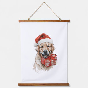 Tapiz Con Marco De Madera Adorable Golden Retriever en Santa Hat con regalo